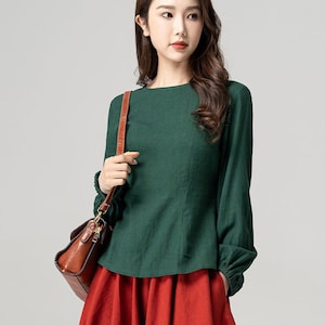 Green Linen blouse, Long Sleeve Linen Blouse, Loose Linen Top, Womens spring autumn Linen blouse, Custom Linen tops, Mod clothing 4183#