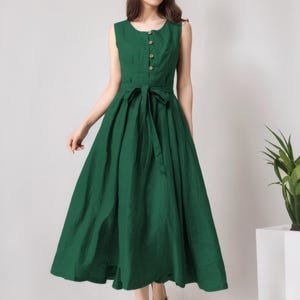 Green Linen Dress, Sleeveless Linen dress, Casual Linen Midi Dress, Summer Belted Linen dress with pockets, Custom dress, Xiaolizi 4182#