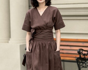 Linen dress, Midi linen dress, Brown linen dress, V neck dress, Summer linen dress, Fit and flare linen dress, Custom dress, Xiaolizi 4957