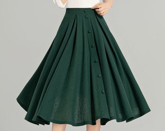 Linen skirt, Midi linen Skirt Women, Button down skirt, Swing Skirt, Green High Waisted linen skirt, Spring linen skirt, Xiaolizi 4963