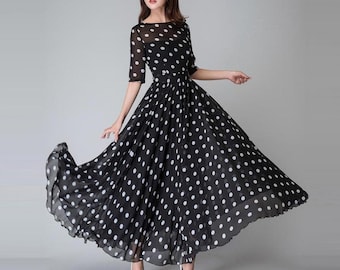 Polka Dot Maxi Chiffon Dress Women, Fit and Flare Dress, Swing Chiffon Long Maxi Dress with sleeve, Wedding Dress, Summer Boho Dress 1534#