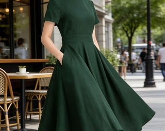 Xiaolizi Dark Green Linen Dress, Vintage 1950s Boat Neck Swing Midi Dress, Fit and Flare Party Dress with Pockets, Custom Size Available 971
