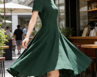 Xiaolizi donkergroene linnen jurk, vintage midi-jurk met boothals, swingende jaren 50, fit & flare-feestjurk met zakken, aangepast formaat beschikbaar 971