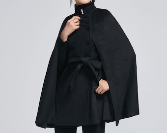 Vintage inspired Wool Cape coat with stand collar, Wool cape coat, Black Short Cape Coat, winter cape coat, wool cape for women 2278#