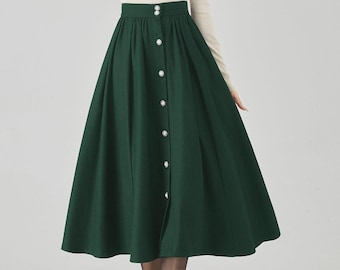 ◆Loulouseoul◆ Joy Wool Check Midi Skirt Green Wool Skirt, Green Wool Midi Skirt Women, Circle Pleated Wool