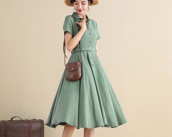 Robe chemise des années 1950 pour femme, robe chemise trapèze rétro, robe midi avec poche, robe boutonnée, robe ajustée et évasée, robe faite main 2790 #