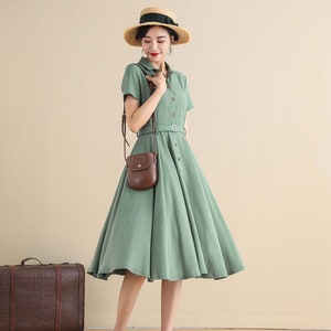 1950s Green Midi Linen Shirt Dress 2790 1950s Green Midi Linen Shirt Dress 2790