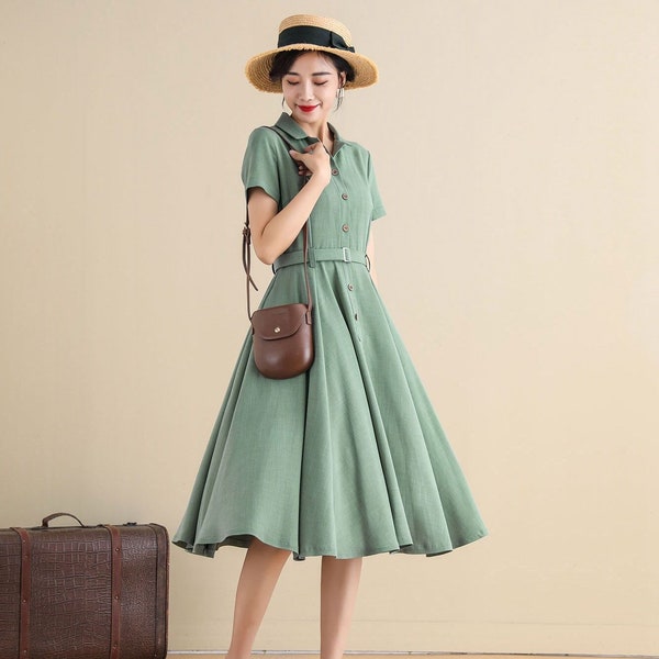 1950er Jahre Shirtwaist Kleid Frauen, Retro Swing Shirt Kleid, Midi Kleid mit Tasche, Kleid mit Knöpfen, Fit and Flare Kleid, handgemachtes Kleid 2790#