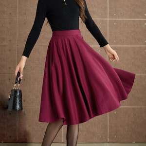 Burgundy knee length swing wool skirt 5362 Burgundy knee length swing wool skirt 5362