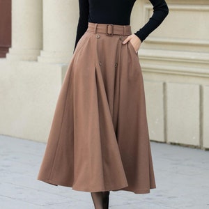 Belted A-Line Wool skirt, Midi Wool Skirt Women, Button down skirt, Brown High Waisted wool skirt, Warm Winter Wool Skirt, Xiaolizi 5453
