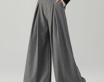 Gray Wool Blend Wide Leg Pants: High Waisted Women’s Pleated Trousers, Custom, Xiaolizi 6463#