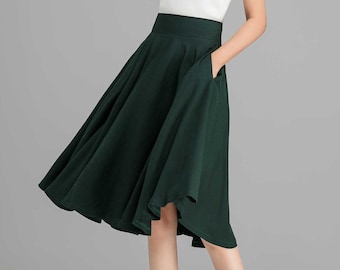 1950s Green Midi Skirt, Linen Full Circle Skirt, High Waisted Skirt, Womens Swing Skater Skirt, Summer A Line Flared Skirt with Pocket 2369