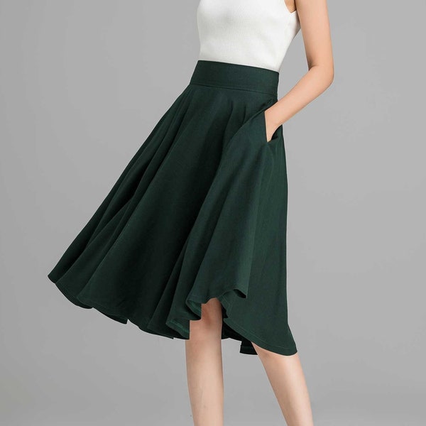 1950s Green Midi Skirt, Linen Full Circle Skirt, High Waisted Skirt, Womens Swing Skater Skirt, Summer A Line Flared Skirt with Pocket 2369