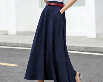 Marineblauwe a-lijn maxirok met zakken – lange rok met hoge taille, op maat gemaakte semi-formele casual outfit voor dames, Xiaolizi 2716#
