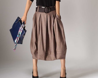 Linen midi skirt, Linen skirt women, brown skirt, womens skirts, Pleated Midi Skirt with pockets, bubble skirt, Spring skirt outfit 1032#