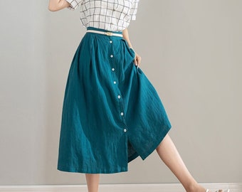 Blue Linen skirt, Button front Midi Skirt, Womens Linen midi skirt, A-Line Skirt, Plus size skirt, Summer Skirt with Pockets, Xiaolizi 4214