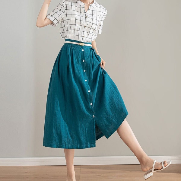 Blue Linen skirt, Button front Midi Skirt, Womens Linen midi skirt, A-Line Skirt, Plus size skirt, Summer Skirt with Pockets, Xiaolizi 4214
