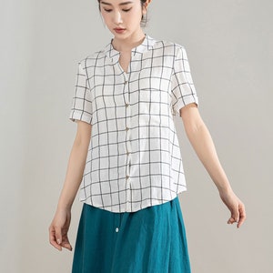 White and Black Plaid Linen Shirt, Womens Linen shirt, Short Sleeve Casual Linen Blouse, Organic Linen blouse, Handmade Shirt, Xiaolizi 4206 image 4