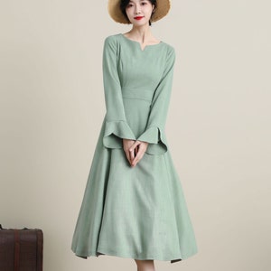 Women's Spring summer Swing Dress, Long sleeve dress, Midi Dress, Fit and Flare dress, Dress With Pockets, Handmade Dress, Xiaolizi 3319#