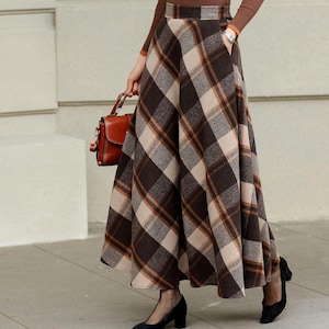 Saia longa xadrez de lã: saia retrô plus size em A com bolsos, personalizada, Xiaolizi 6419#