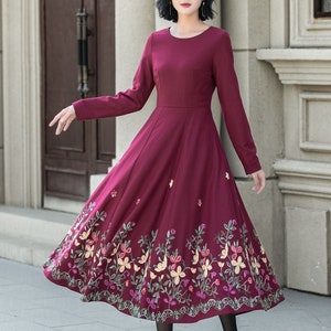 Embroidered burgundy dress sales