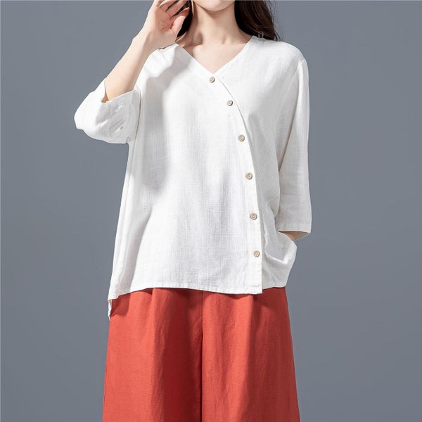 Linen Shirt, White Linen Blouse, Womens Linen Shirt, Loose Fit Linen Top, Womens Linen Shirt, Summer Shirt, Custom Shirt, Xiaolizi 4149#