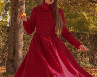 Casaco de lã de inverno feminino, casaco longo de lã princesa, casaco de lã vermelho, casaco de lã trespassado, casaco de lã retrô, xiaolizi 3219#