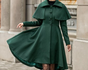 Asymmetrical Princess Wool Coat, Victorian Wool Coat, Fit and Flare Coat, Green Winter Wool Coat Women, Swing Wool Cape Coat Xiaolizi 3143#