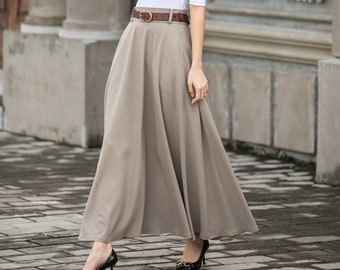 Long linen skirt for women, A line Swing skirt with pockets, High waist maxi skirt, khaki skirt, women skirt, custom made skirt 2783#
