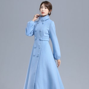 Double Breasted Wool Coat, Light Blue Wool Coat, Warm Winter wool Coat, Lantern Sleeve wool coat, Long Wool Coat, Xiaolizi 3211#