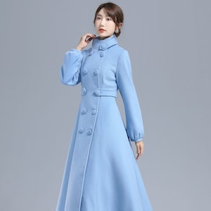 Double Breasted Wool Coat, Light Blue Wool Coat, Warm Winter wool Coat, Lantern Sleeve wool coat, Long Wool Coat, Xiaolizi 3211#