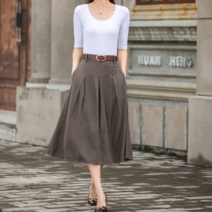 Linen Midi Skirt, Brown A Line Skirt Women, High Waist Skirt