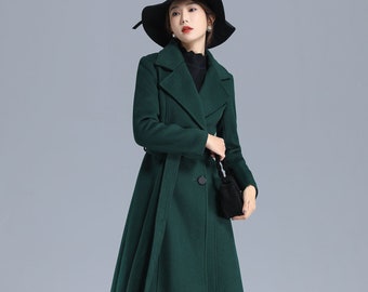 Green Long Wool Coat Women, Long Trench Coat, Double Breasted wool Coat, A-Line wool Coat, Classic Ladies Coat, Fall Winter Outwear 3203