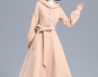 Hooded Wool Coat, Long Wool Coat Women, Lantern Sleeve Winter Coat, Single Breasted Coat, Apricot Pink Belt Coat, Cozy Winter Outwear 3210