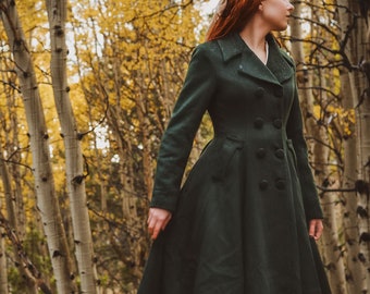 Inspired Green Long wool coat, Retro wool coat for women, Fit and Flared outwear coat, Double breasted wool coat, Handmade coat 3182#