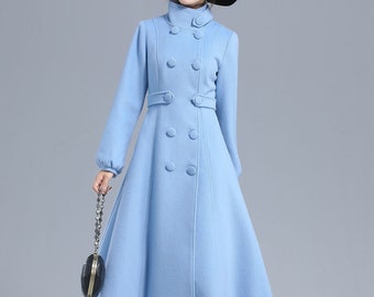 Double Breasted Wool Coat, Light Blue Wool Coat, Warm Winter Wool Coat, Lantern  Sleeve Wool Coat, Long Wool Coat, Xiaolizi 3211 