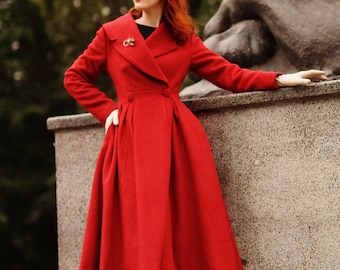 1950s Vintage inspired Swing coat, Red Long princess wool coat, Retro maxi wool coat, winter warm wool coat, stylish coat 3189