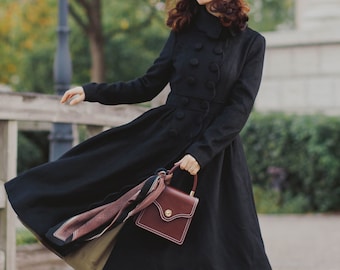 Black Wool coat, Women‘s Double-breasted Wool princess coat, Winter warm swing wool coat, Stylish coat, Vintage inspired wool coat 3220#