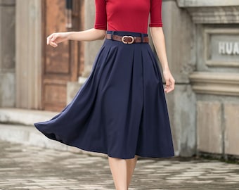 A Line pleated Linen Skirt, Linen Midi Skirt, Navy Pleated Swing Skirt, Skirt with pockets, Women Summer Spring Skirt, Xiaolizi 2776#