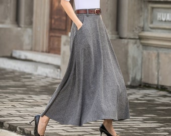 Casual Long Linen Maxi skirt for women, High waist Long A Line pleated Swing skirt with pocket, Gray skirt, women skirt, summer skirt 2782#