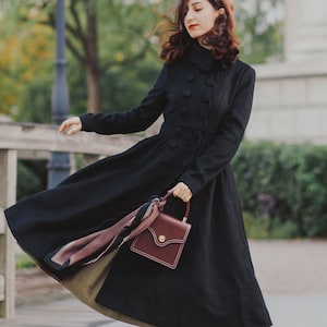 Black Wool coat, Women‘s Double-breasted Wool princess coat, Winter warm swing wool coat, Stylish coat, Vintage inspired wool coat 3220#
