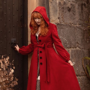 Retro Maxi Wool coat, Red hooded wool coat, Lantern sleeve Winter wool coat, Winter Warm outwear coat for women, Custom coat 3161