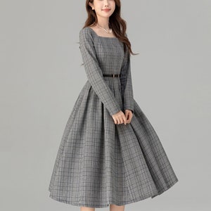 Robe en lin à manches longues pour femme, robe trapèze en lin, robe ajustée et évasée, robe trapèze, robe mod, robe personnalisée, Xiaolizi 4935 1-Plaid