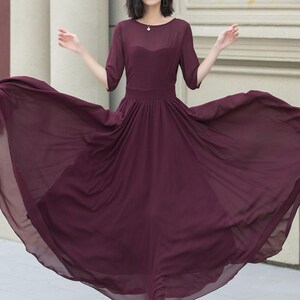 Chiffon Maxi dress, Fit and Flare Chiffon dress, Women burgundy dress, Summer Swing dress, Prom Chiffon dress, Custom Dress, Xiaolizi 5113 image 1