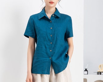 Blue Linen Shirt, Linen Tops for Women, Linen Button Down Shirt, Linen Shirt Women, Casual Womens Blouses, Linen blouse, Xiaolizi 4255#