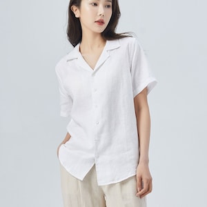 White Linen Shirt, Linen Tops for Women, Linen Button Up Shirt, Linen Shirt Women, Casual Womens Blouses, Linen blouse, Xiaolizi 4148 image 4