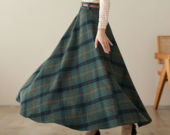 Green Maxi Wool Plaid Skirt, Long Wool Skirt with Pockets, Tartan Skirt, Vintage Swing A Line Skirt, Full Fall Winter Skirt, Xiaolizi 4621#