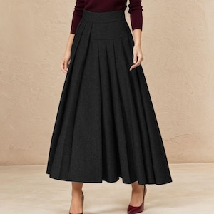 Black Wool Blend Pleated Maxi Skirt: High Waist Handmade Winter Skirt for Women, Xiaolizi 6514#