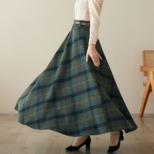 Green Maxi Wool Plaid Skirt, Long Wool Skirt with Pockets, Tartan Skirt, Vintage Swing A Line Skirt, Full Fall Winter Skirt, Xiaolizi 4621#