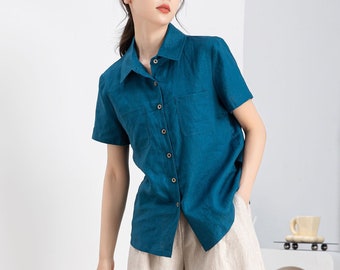 Blue Linen Shirt, Linen Tops for Women, Linen Button Down Shirt, Linen Shirt Women, Casual Womens Blouses, Linen blouse, Xiaolizi 4255#